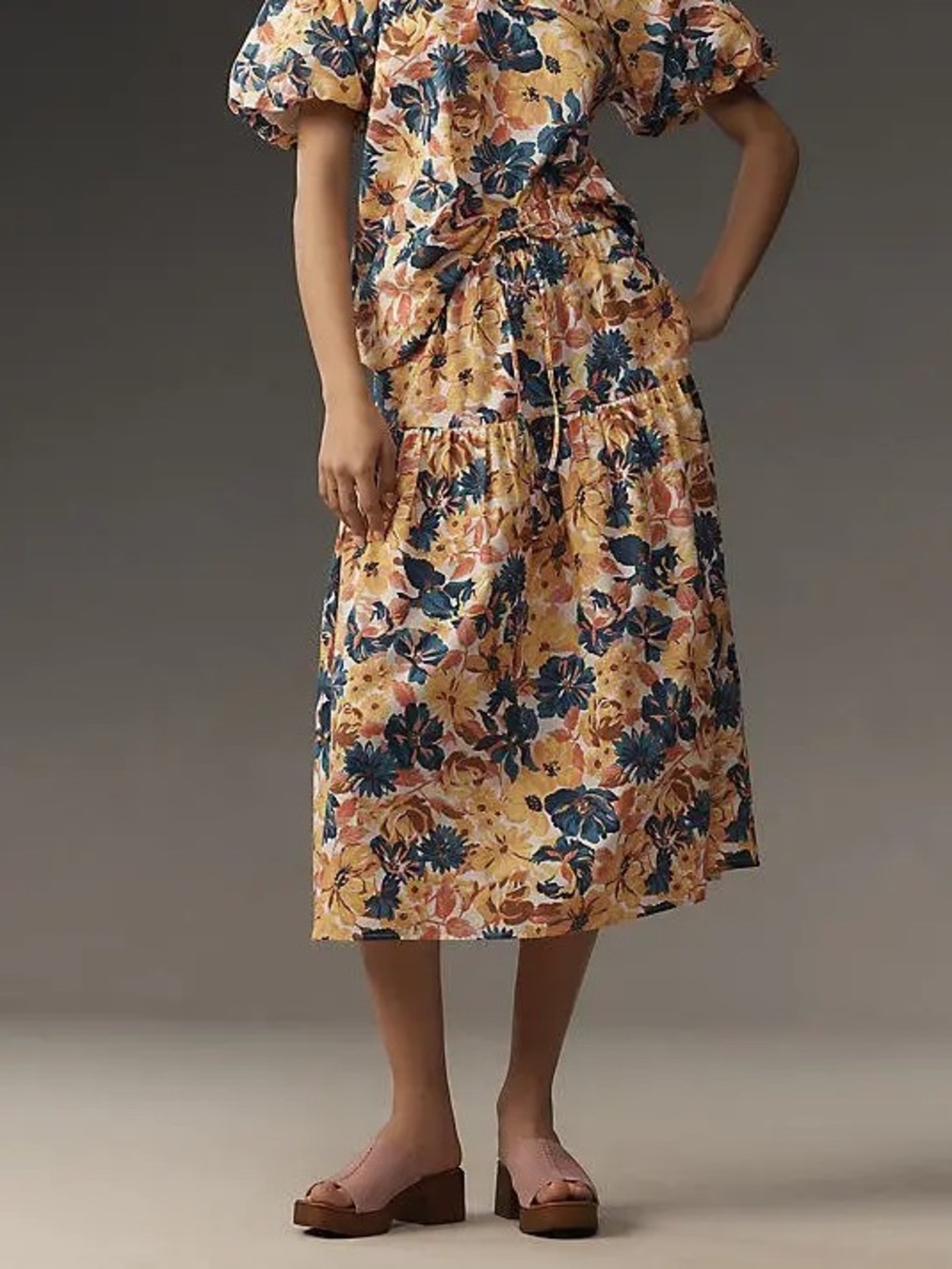 NWT BANJANAN Camilia Tiered Midi Skirt Yellow Blue Floral Sz XXL